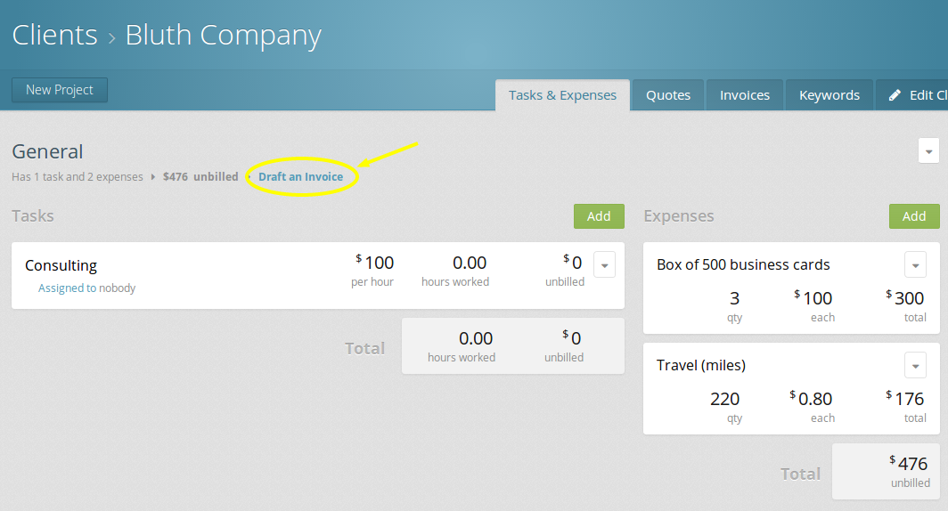 Click the link to draft an invoice for a client to bill for their expenses