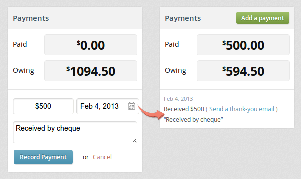 Adding a payment to an invoice with a date, amount, and description