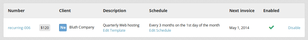 List of recurring invoices